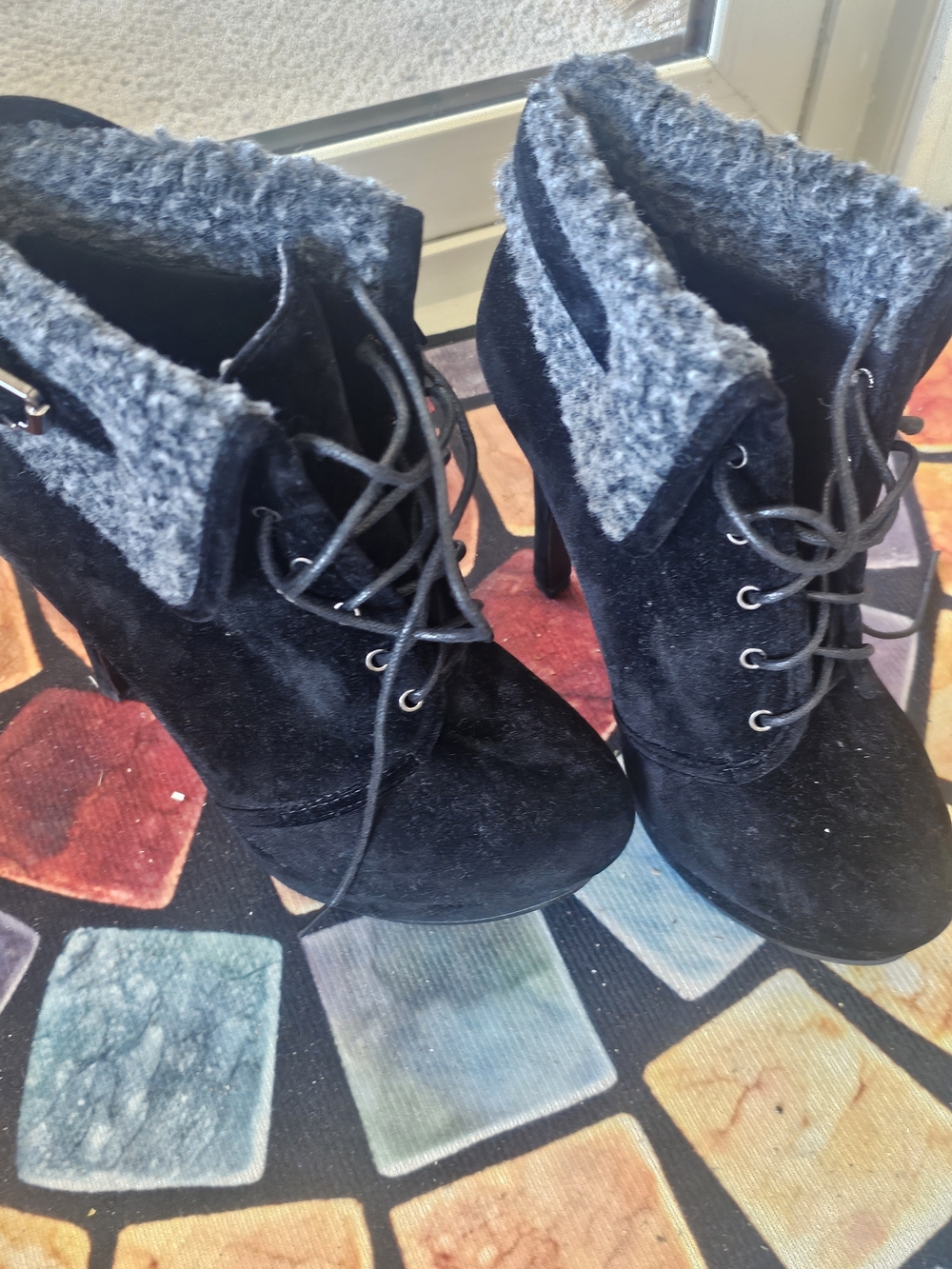 Black Faux-Suede Lace-Up Ankle Boots with Gray Faux-Fur Cuff